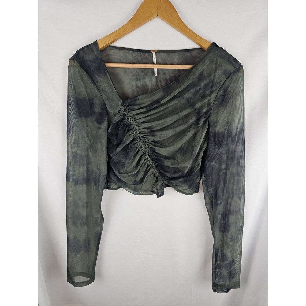 Free People Tie-Dye Ruched Long Sleeve Crop Top — Olive & Black